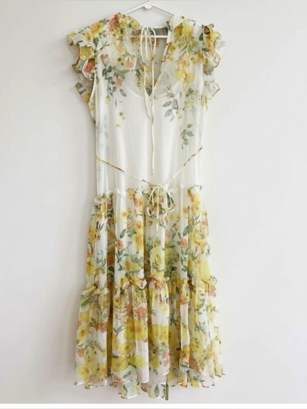 Lulus Monica Ruffle Shoulder Midi Dress – Yellow Floral (XS) NWT